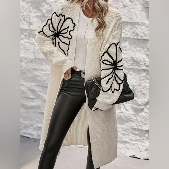 🦋$128! Crème Chic Floral Knit Cardigan Shoulder, Long Sleeve Open Front XL - Picture 1 of 5